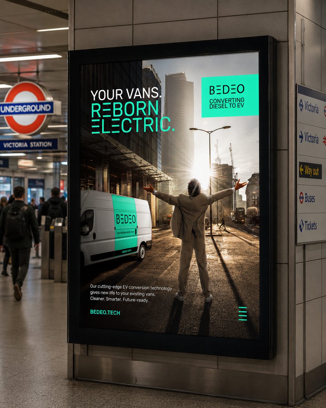 Six sheet at Victoria station: your vans, reborn electric