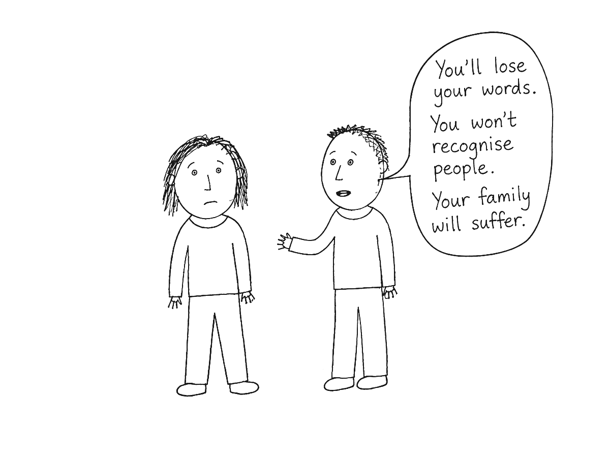 A biro drawing: a worried woman stands while a man lists what she will lose