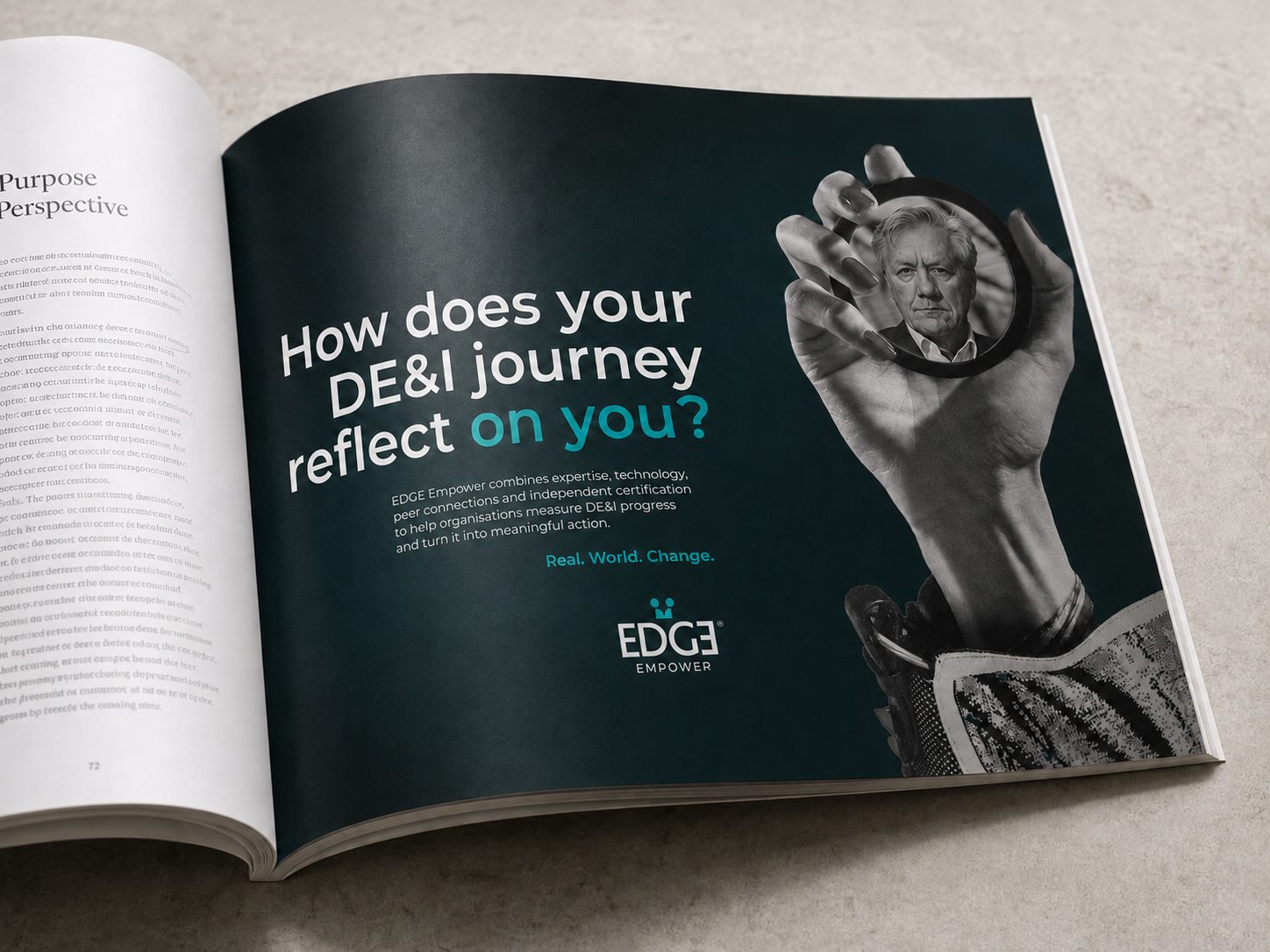 Press ad in a magazine: how does your DE&I journey reflect on you? A hand holds a round mirror showing an older man’s face