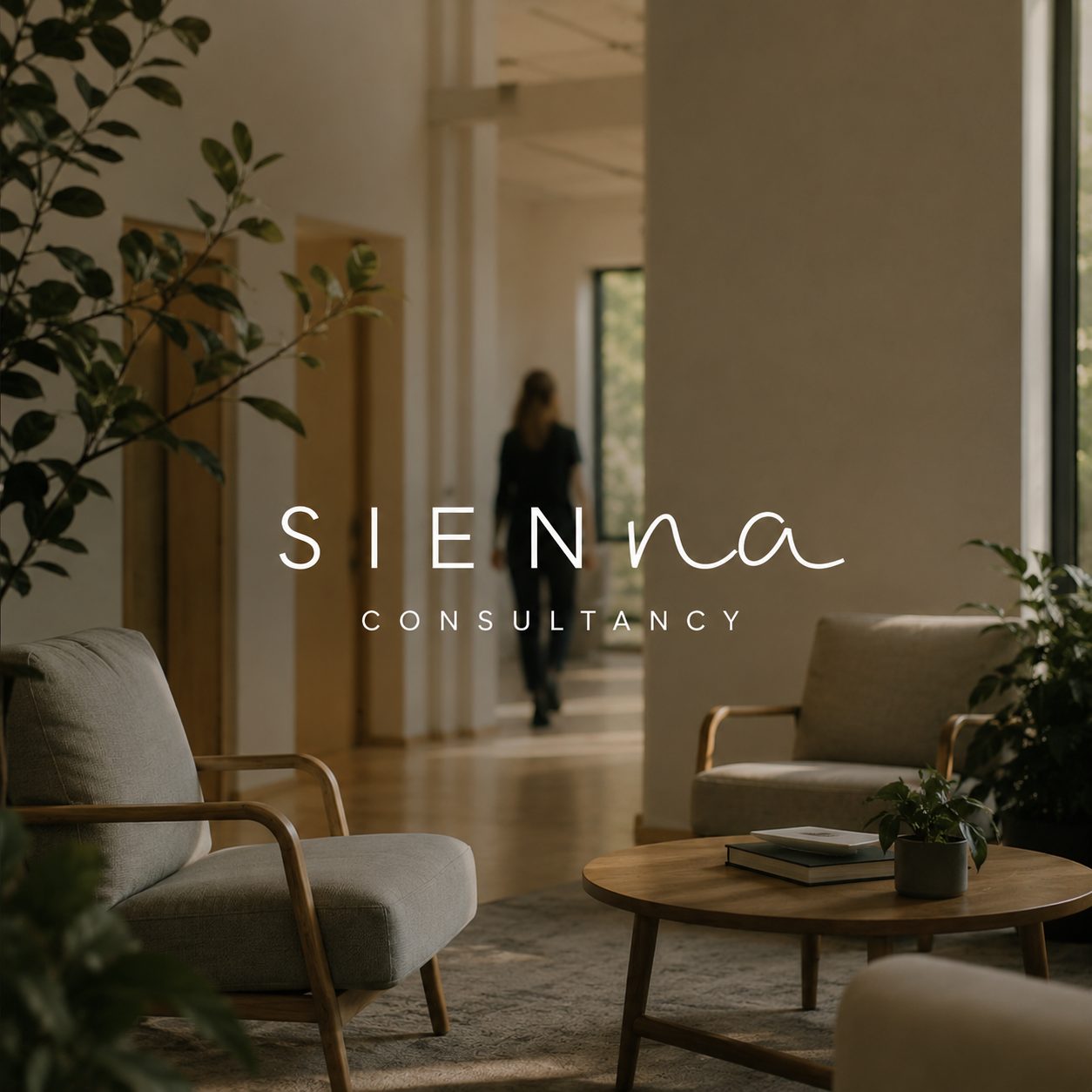 SIENNA wordmark over a workplace conversation